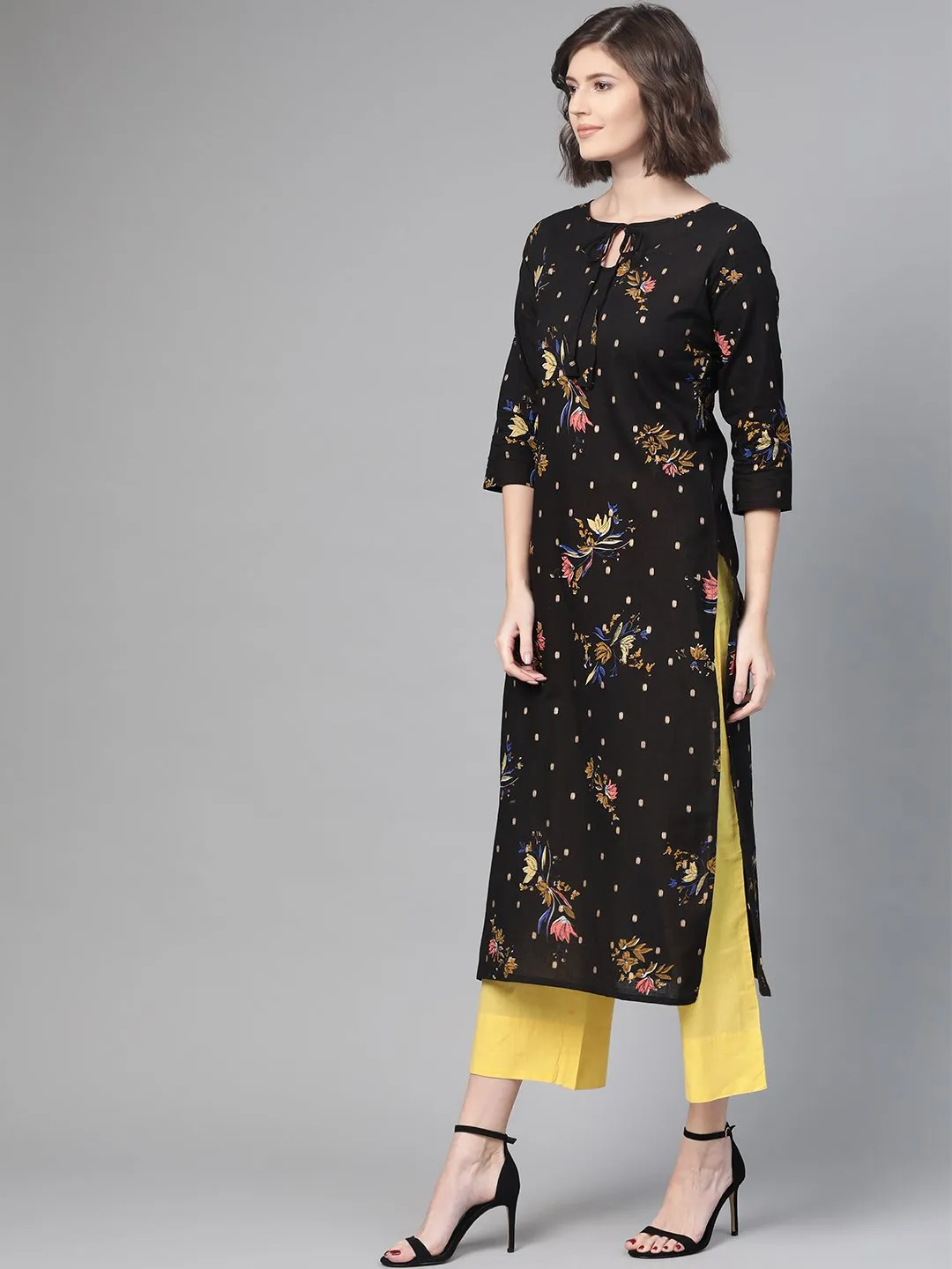 Adults-Women Black & Gold Cotton Straight Floral Printed Kurta