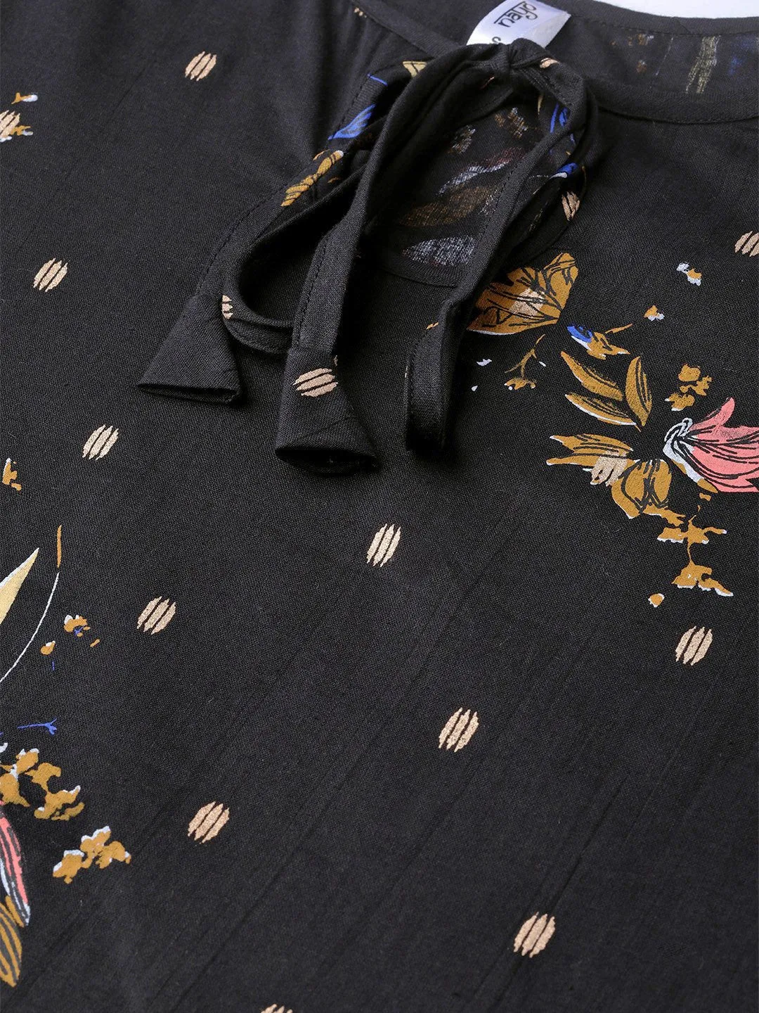 Adults-Women Black & Gold Cotton Straight Floral Printed Kurta
