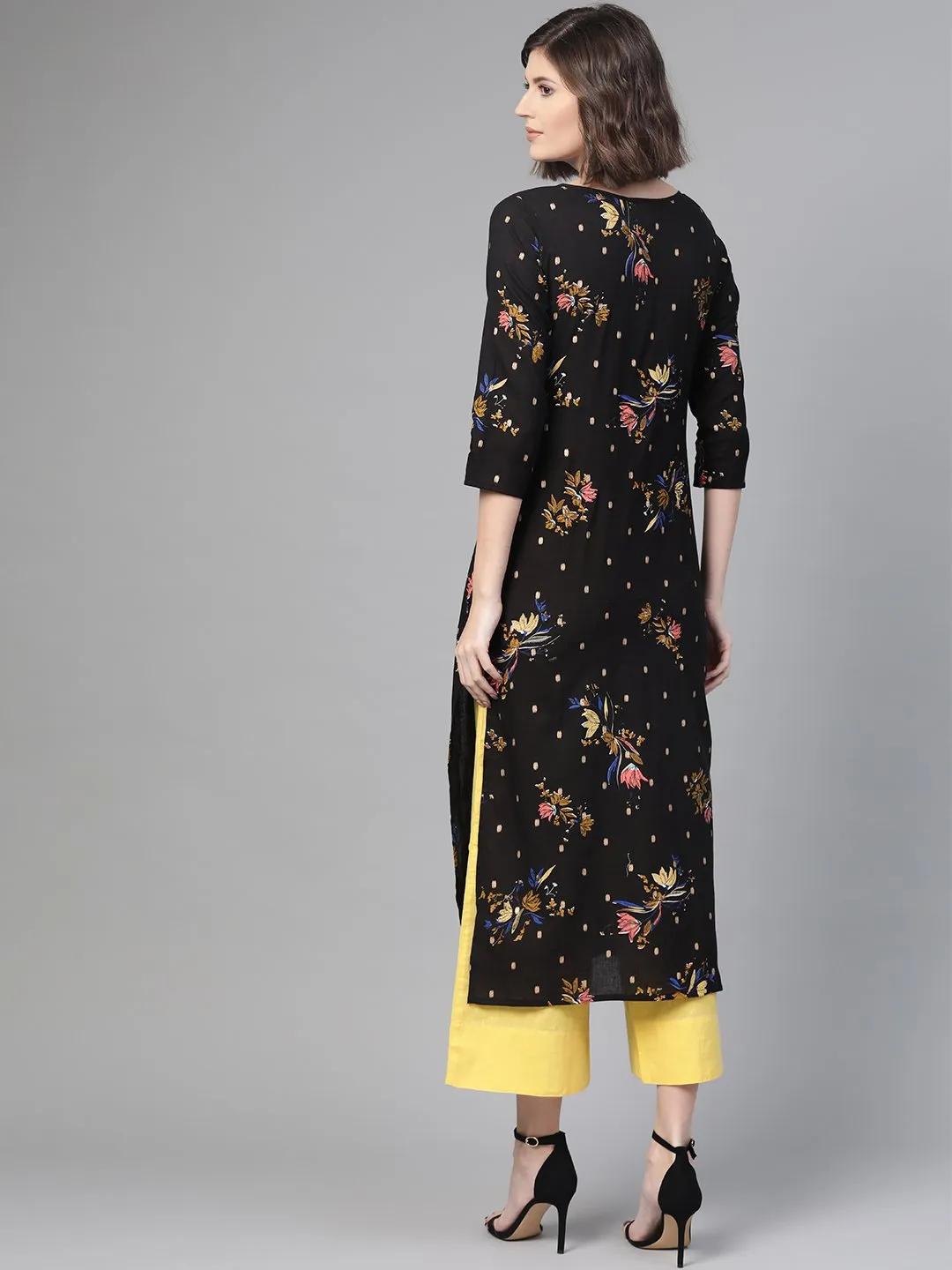 Adults-Women Black & Gold Cotton Straight Floral Printed Kurta