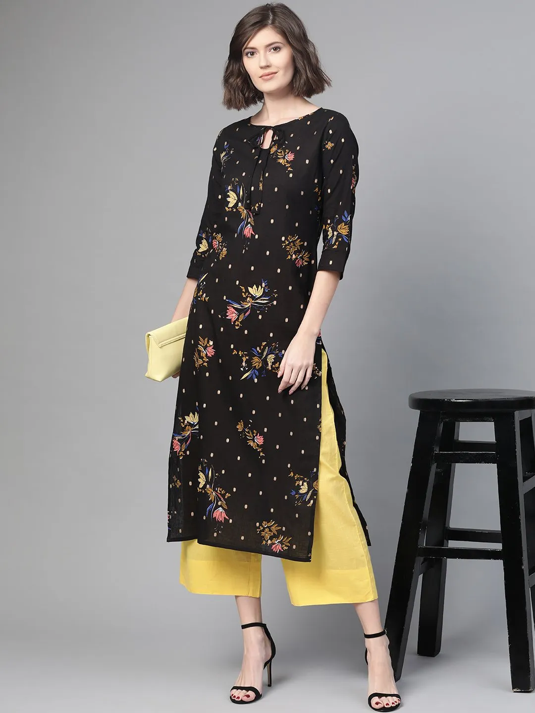 Adults-Women Black & Gold Cotton Straight Floral Printed Kurta