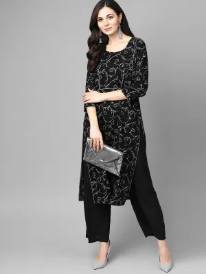 Black & Grey Floral Printed Kurta Set With Solid Black Palazzo