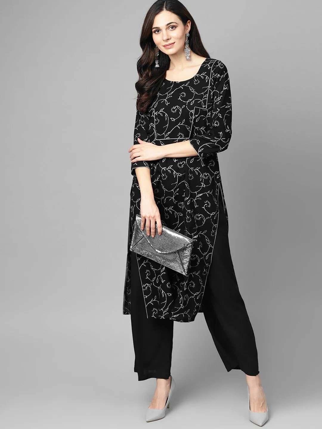 Black & Grey Floral Printed Kurta Set With Solid Black Palazzo