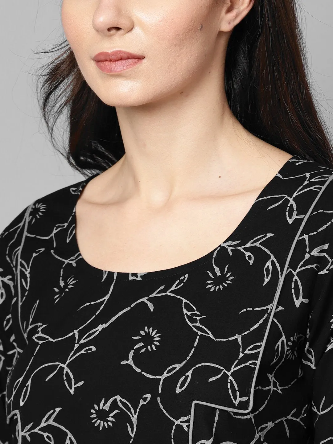 Black & Grey Floral Printed Kurta Set With Solid Black Palazzo