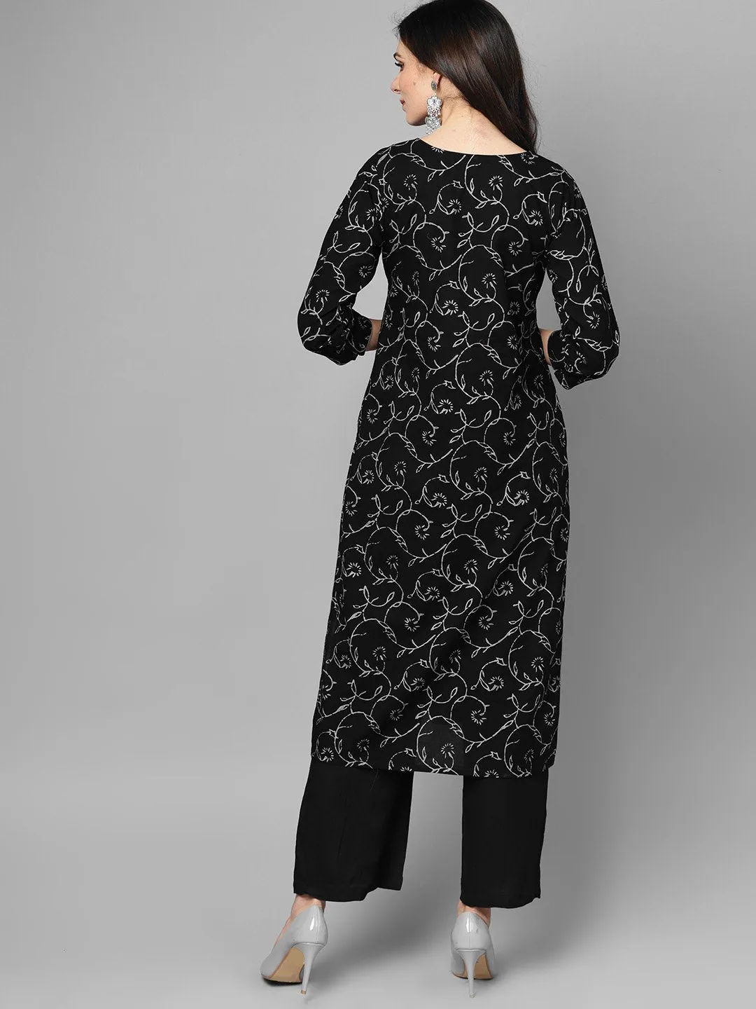 Black & Grey Floral Printed Kurta Set With Solid Black Palazzo