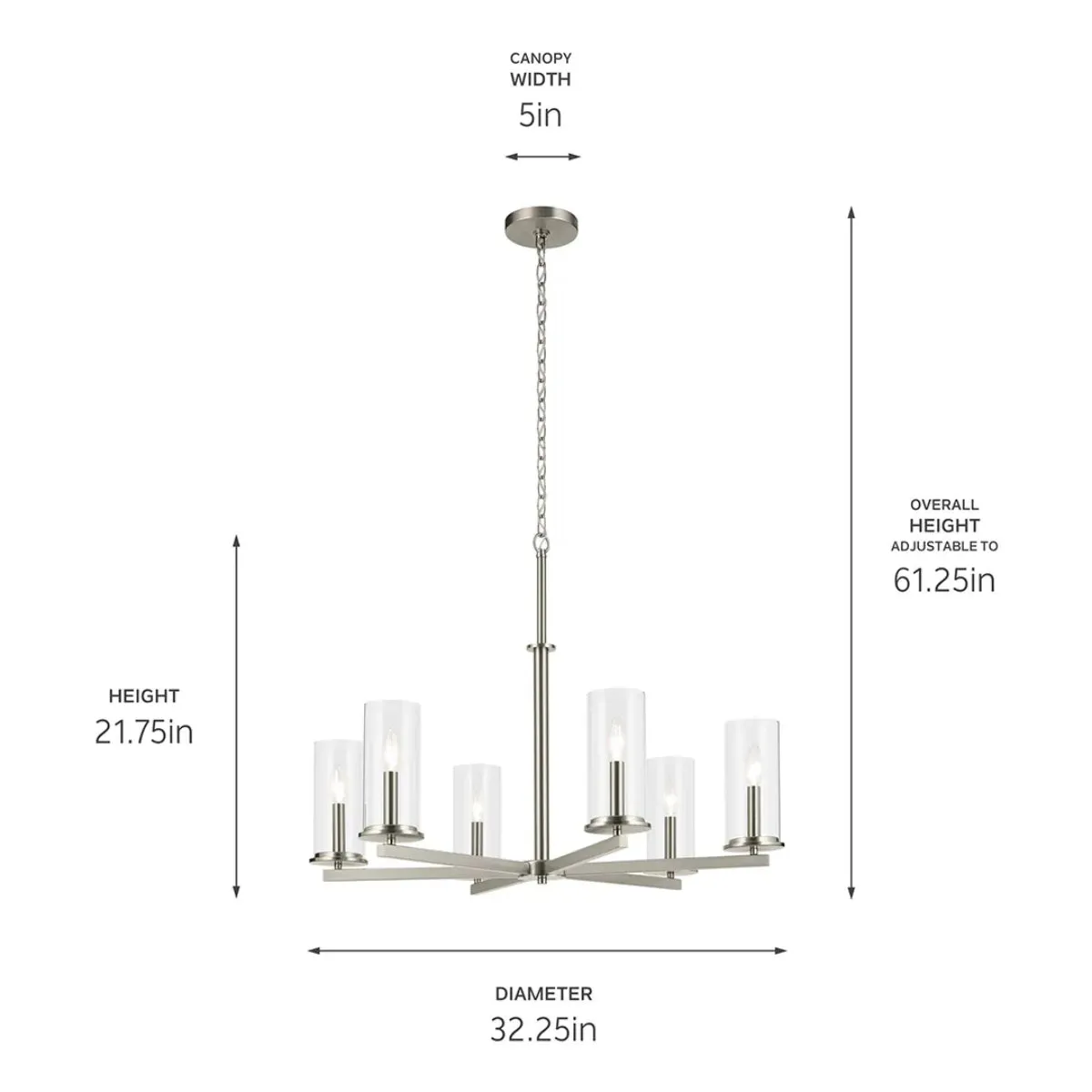 Crosby 32" 6-Light Chandelier 1-Tier with Clear Glass, Brushed Nickel Finish