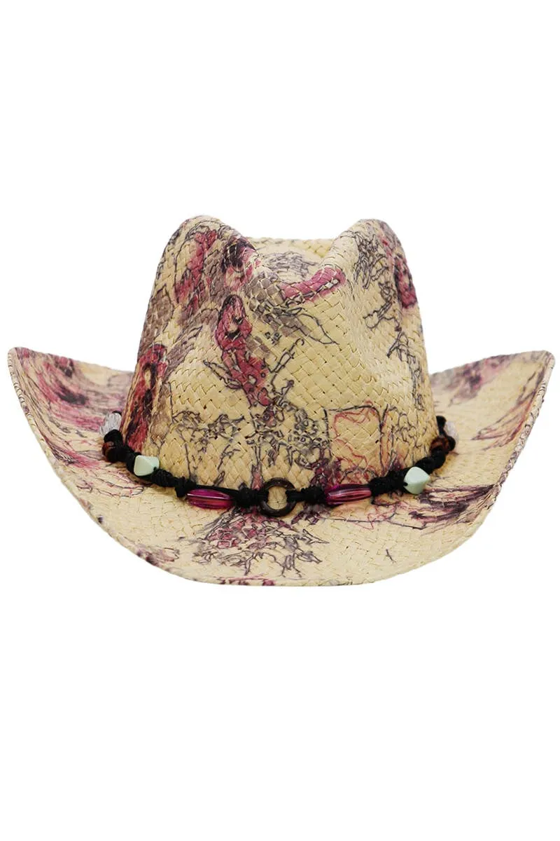Floral Print Raffia Paper Straw Cowboy Hat