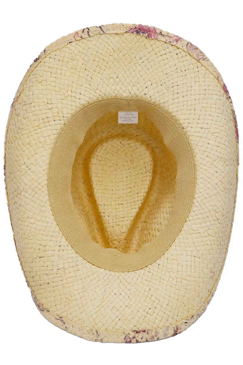 Floral Print Raffia Paper Straw Cowboy Hat