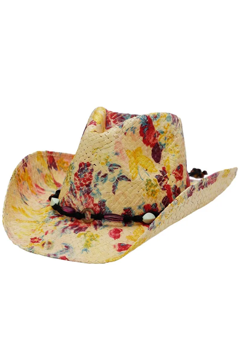 Floral Print Raffia Paper Straw Cowboy Hat