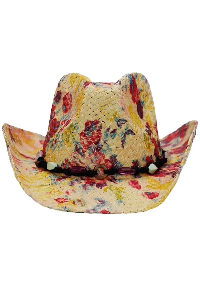 Floral Print Raffia Paper Straw Cowboy Hat