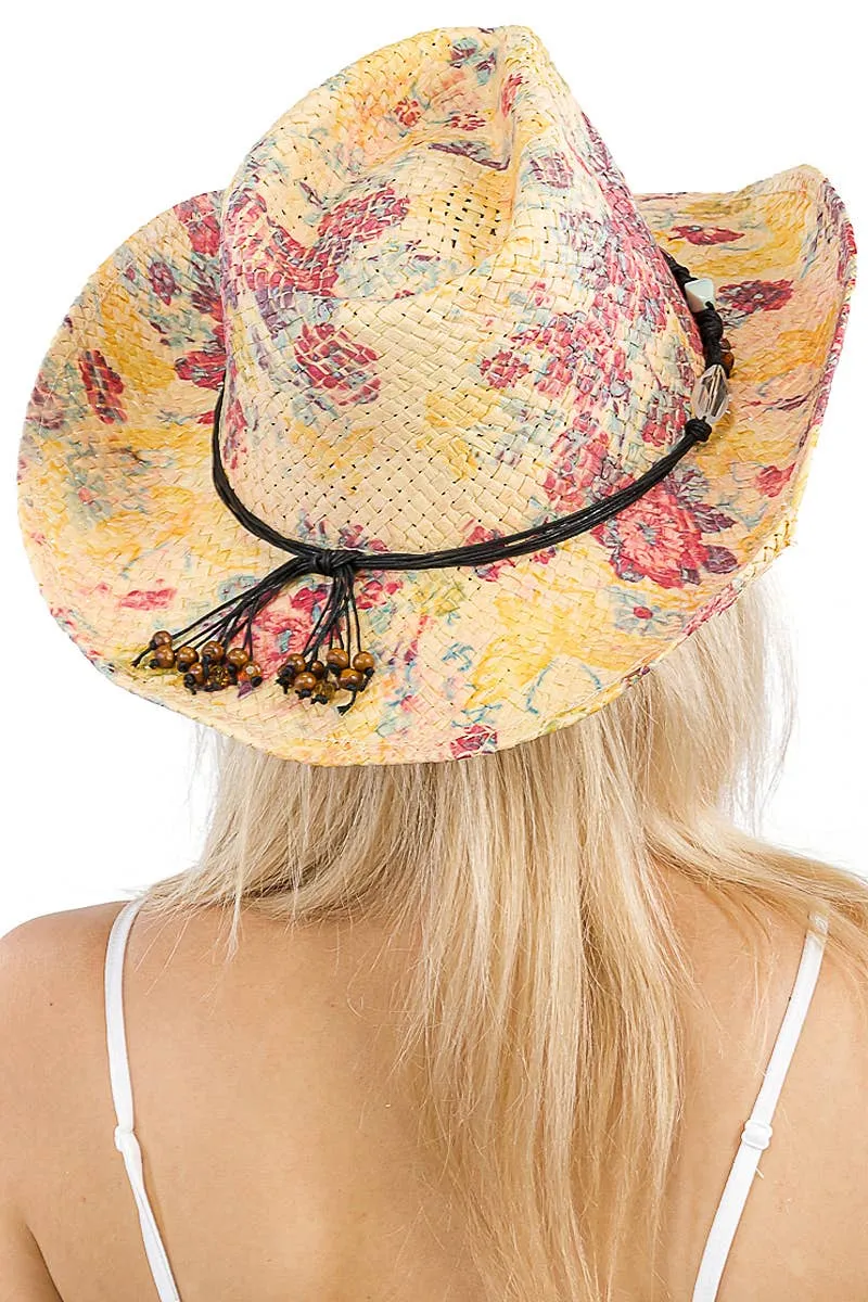 Floral Print Raffia Paper Straw Cowboy Hat