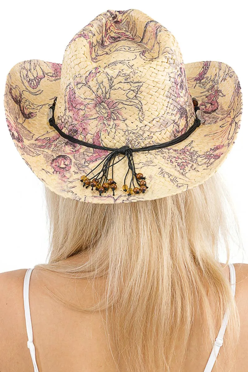 Floral Print Raffia Paper Straw Cowboy Hat