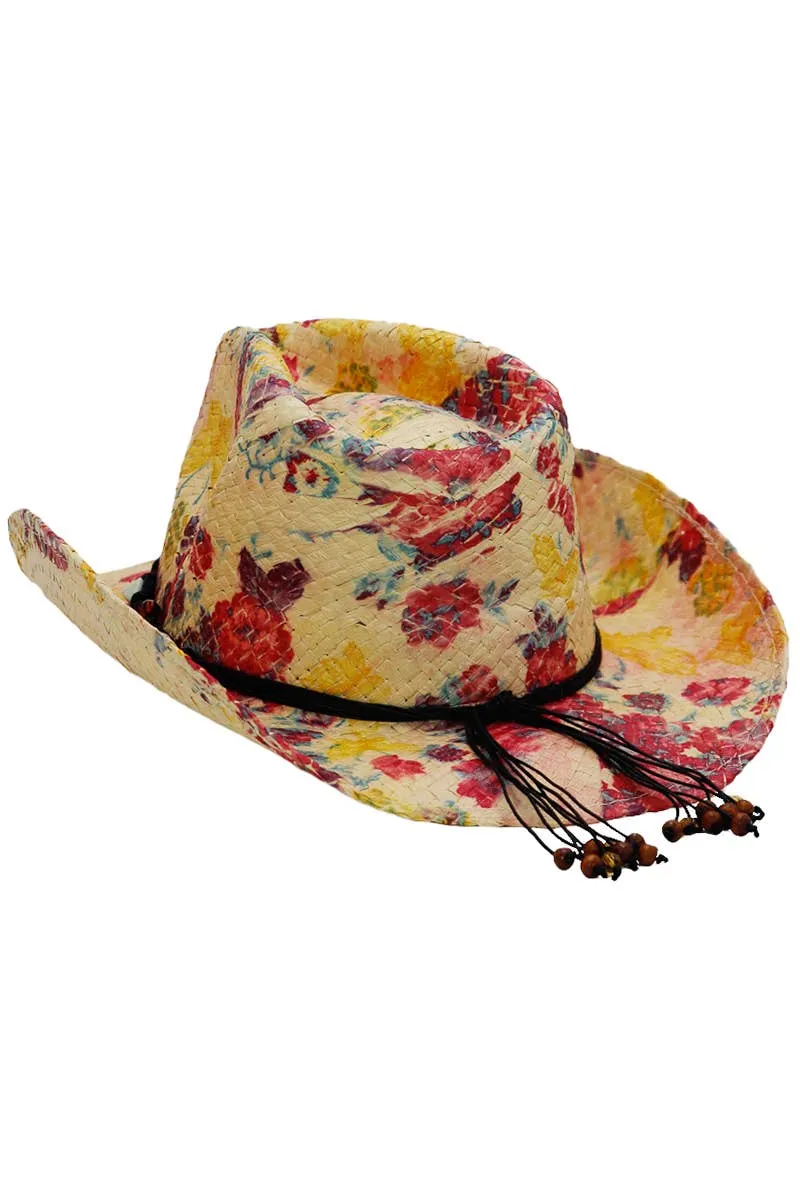 Floral Print Raffia Paper Straw Cowboy Hat