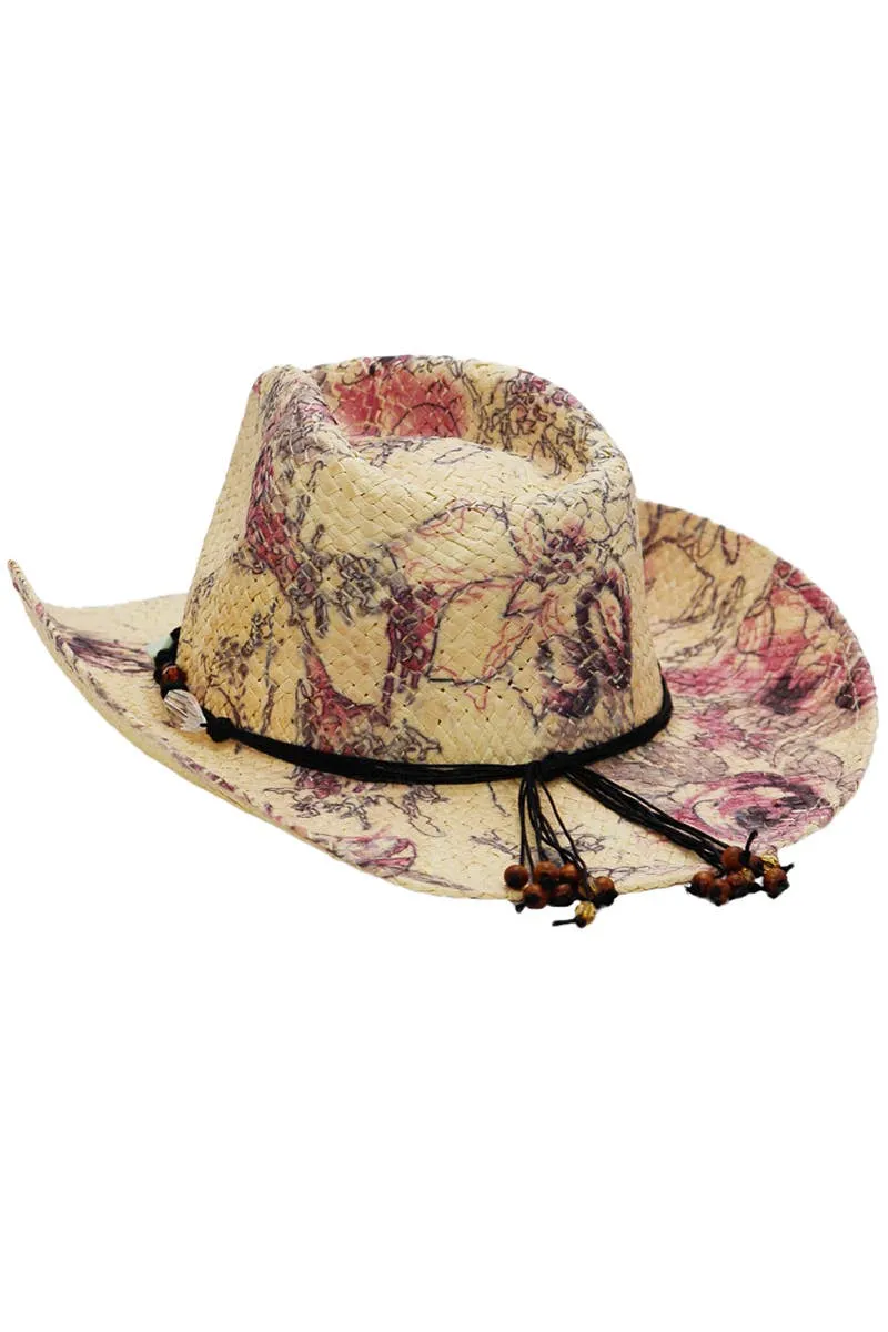 Floral Print Raffia Paper Straw Cowboy Hat