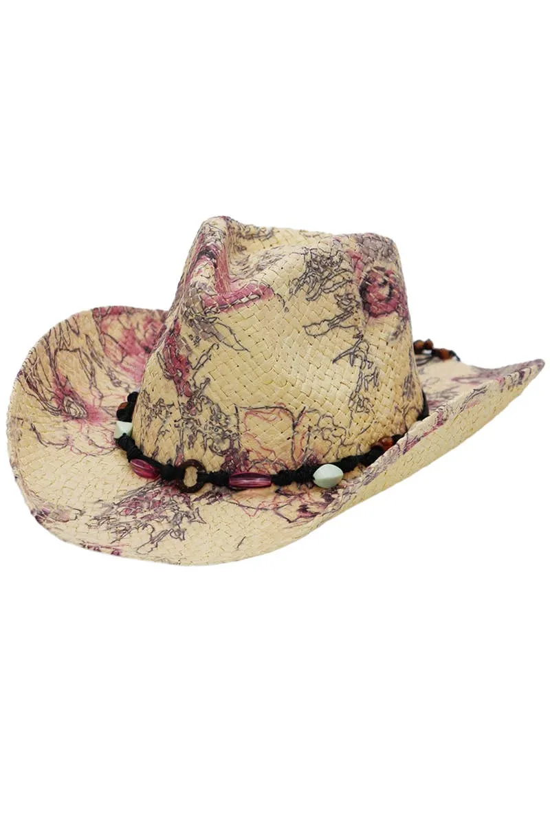 Floral Print Raffia Paper Straw Cowboy Hat