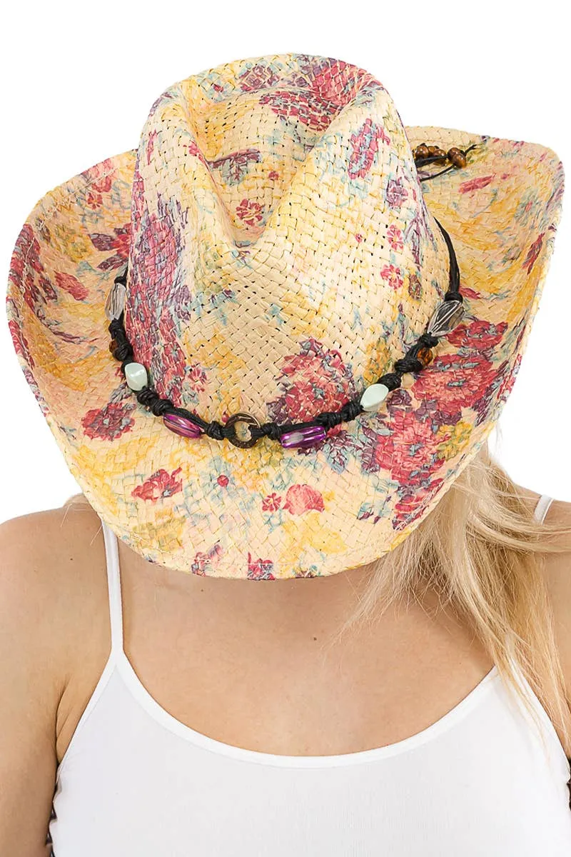 Floral Print Raffia Paper Straw Cowboy Hat