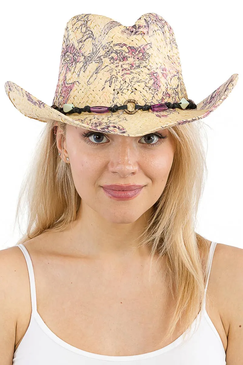Floral Print Raffia Paper Straw Cowboy Hat