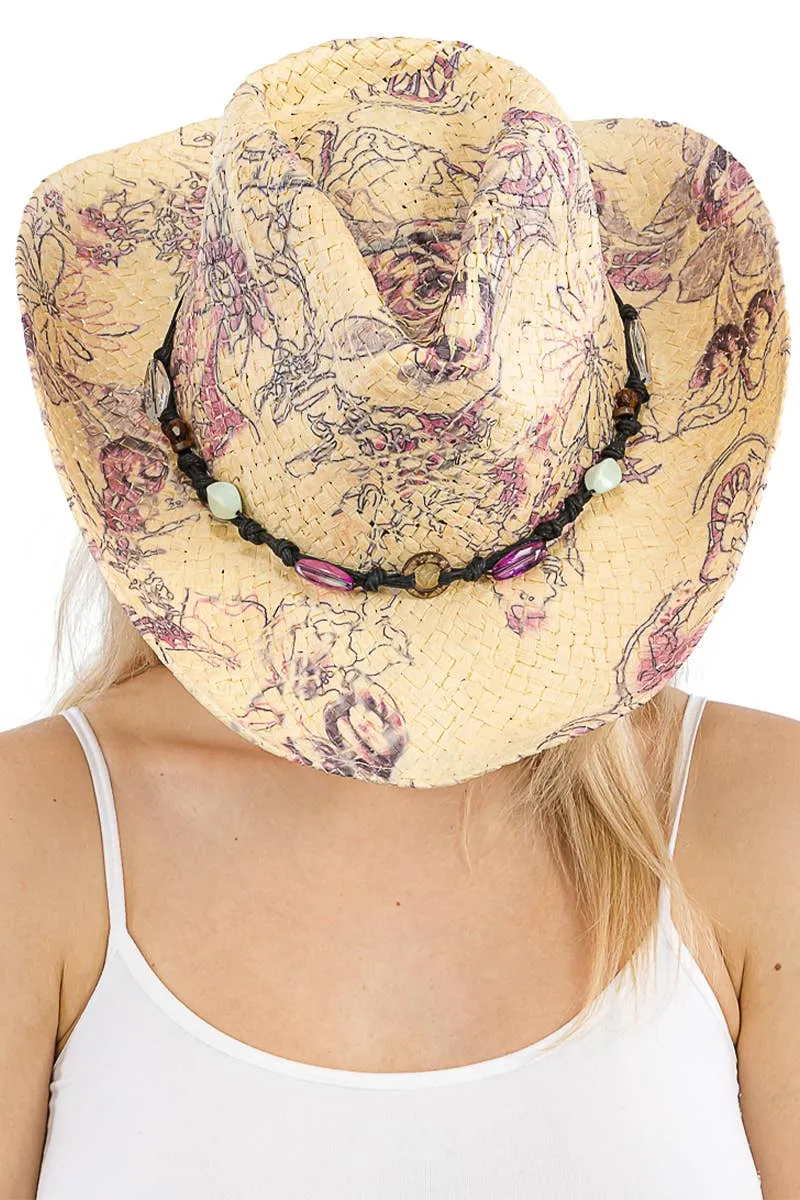 Floral Print Raffia Paper Straw Cowboy Hat