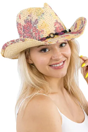 Floral Print Raffia Paper Straw Cowboy Hat