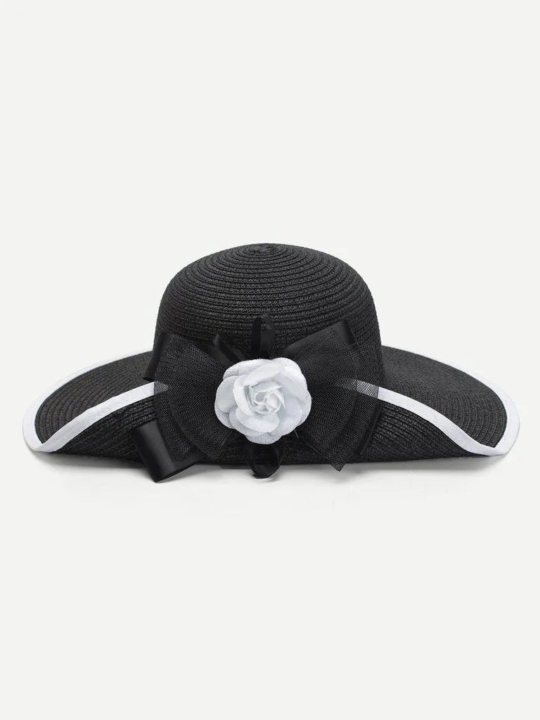 Flower Decorated Straw Hat With Bow