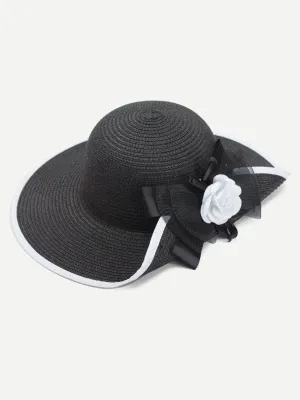 Flower Decorated Straw Hat With Bow