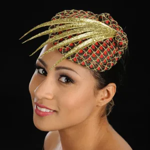 FW1131 Red fascinator felt covered with green and gold fabric