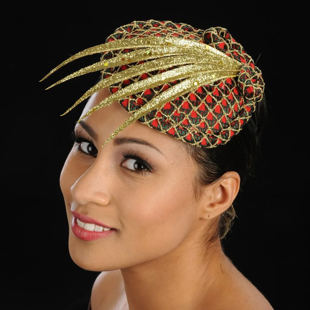 FW1131 Red fascinator felt covered with green and gold fabric