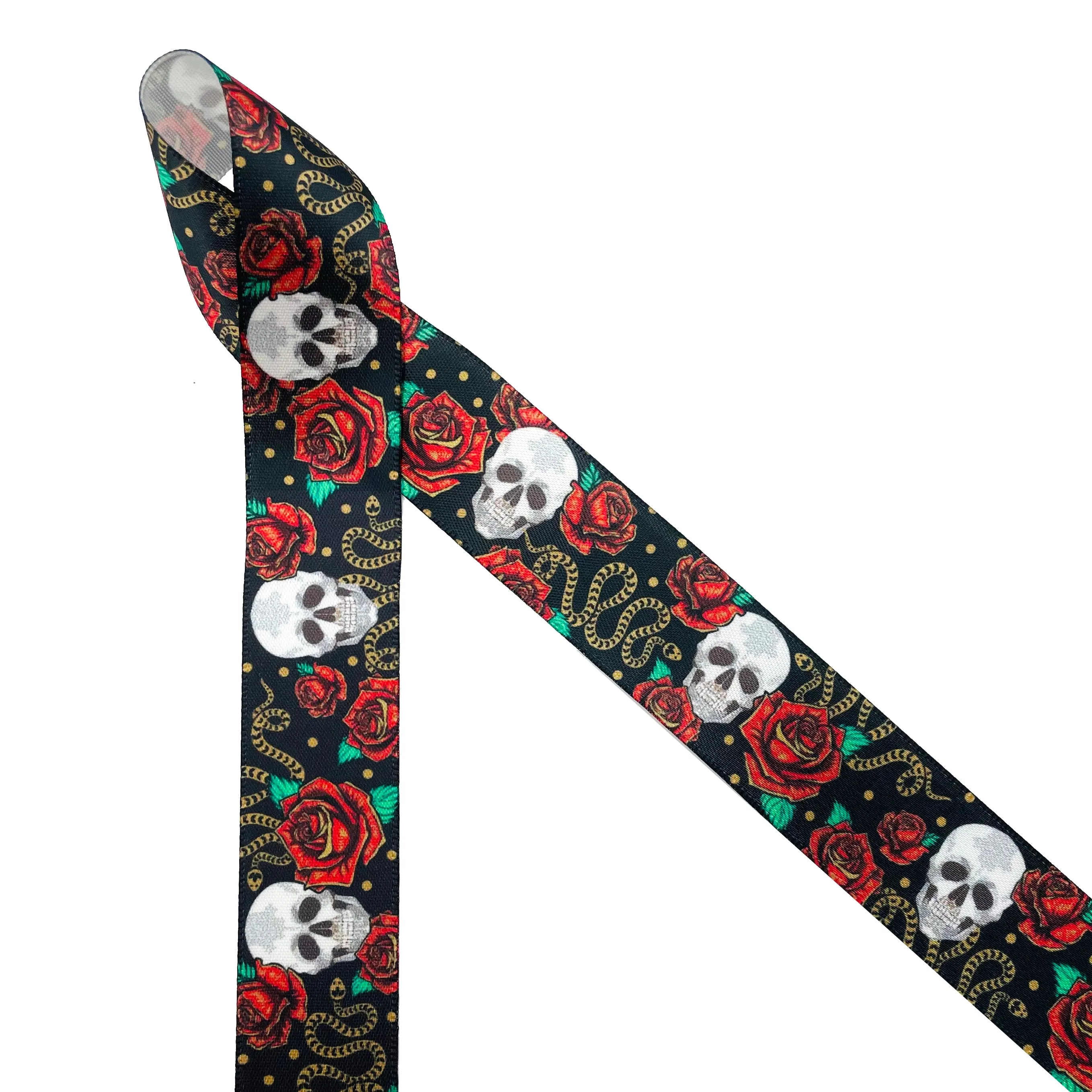 Gothic ribbon skulls, snakes and roses , Goth design, printed on 7/8" and  1.5" white single face satin