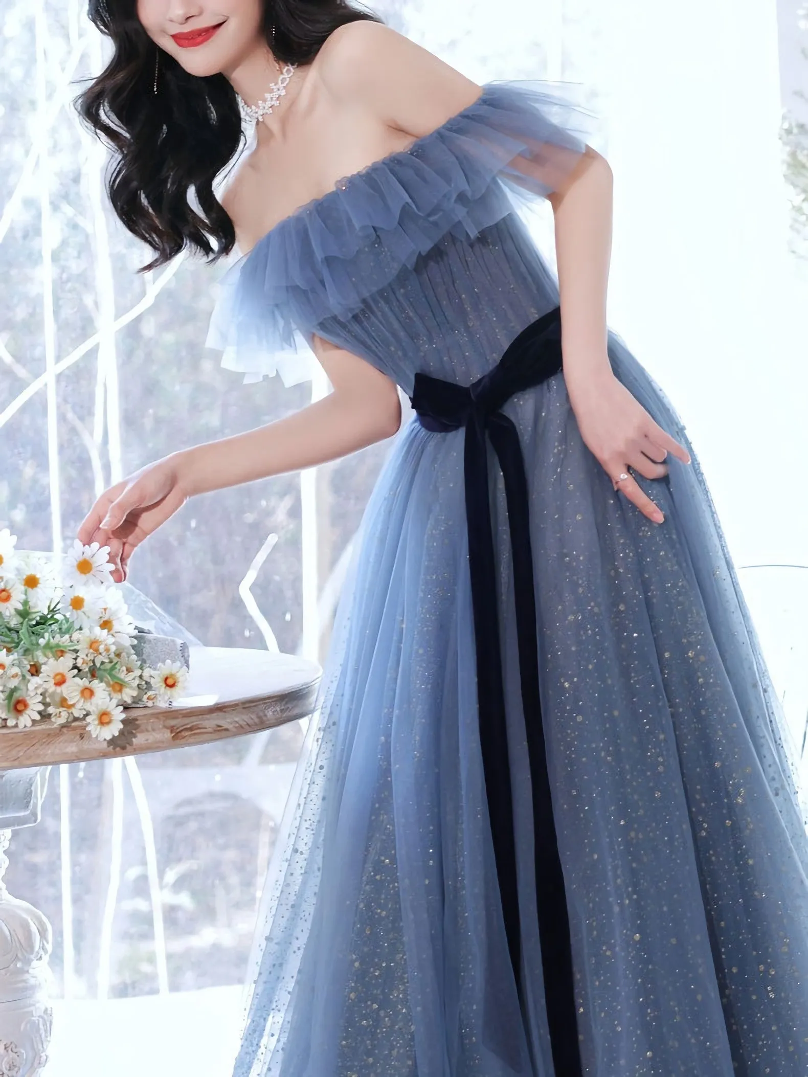 Gray Blue Tulle Long Prom Dress Gray Blue Tulle Formal Dress