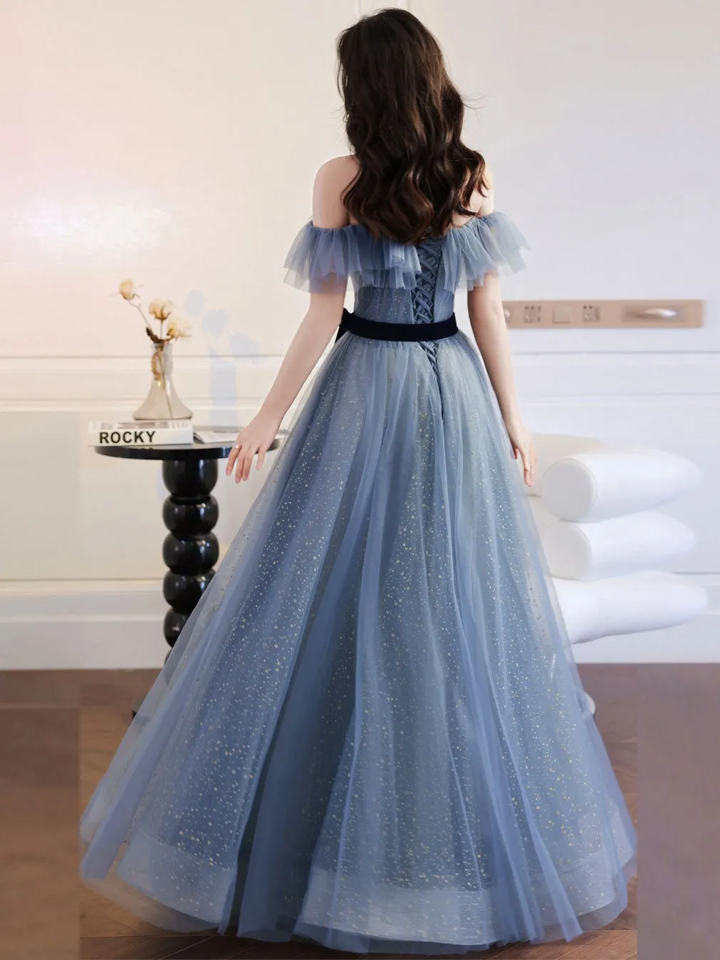 Gray Blue Tulle Long Prom Dress Gray Blue Tulle Formal Dress