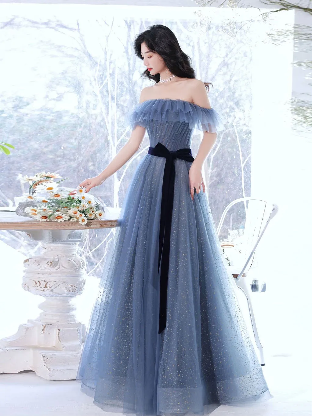 Gray Blue Tulle Long Prom Dress Gray Blue Tulle Formal Dress
