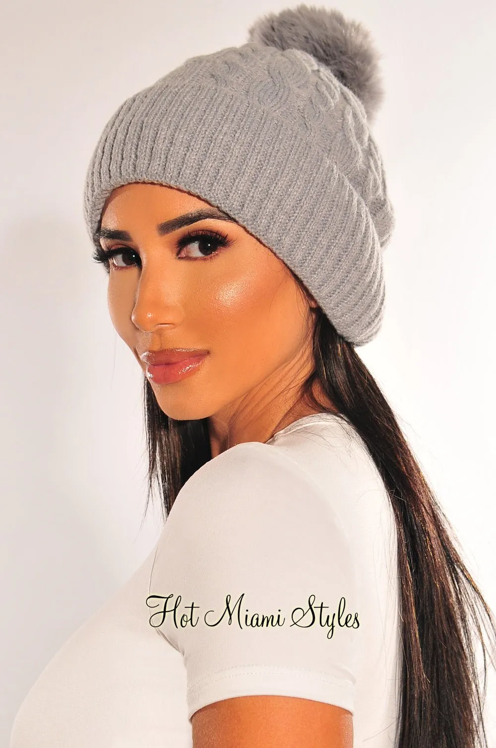 Gray Cable Knit Pom Beanie