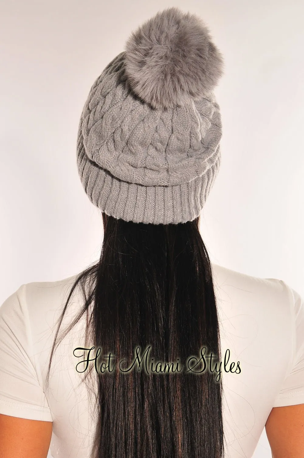 Gray Cable Knit Pom Beanie