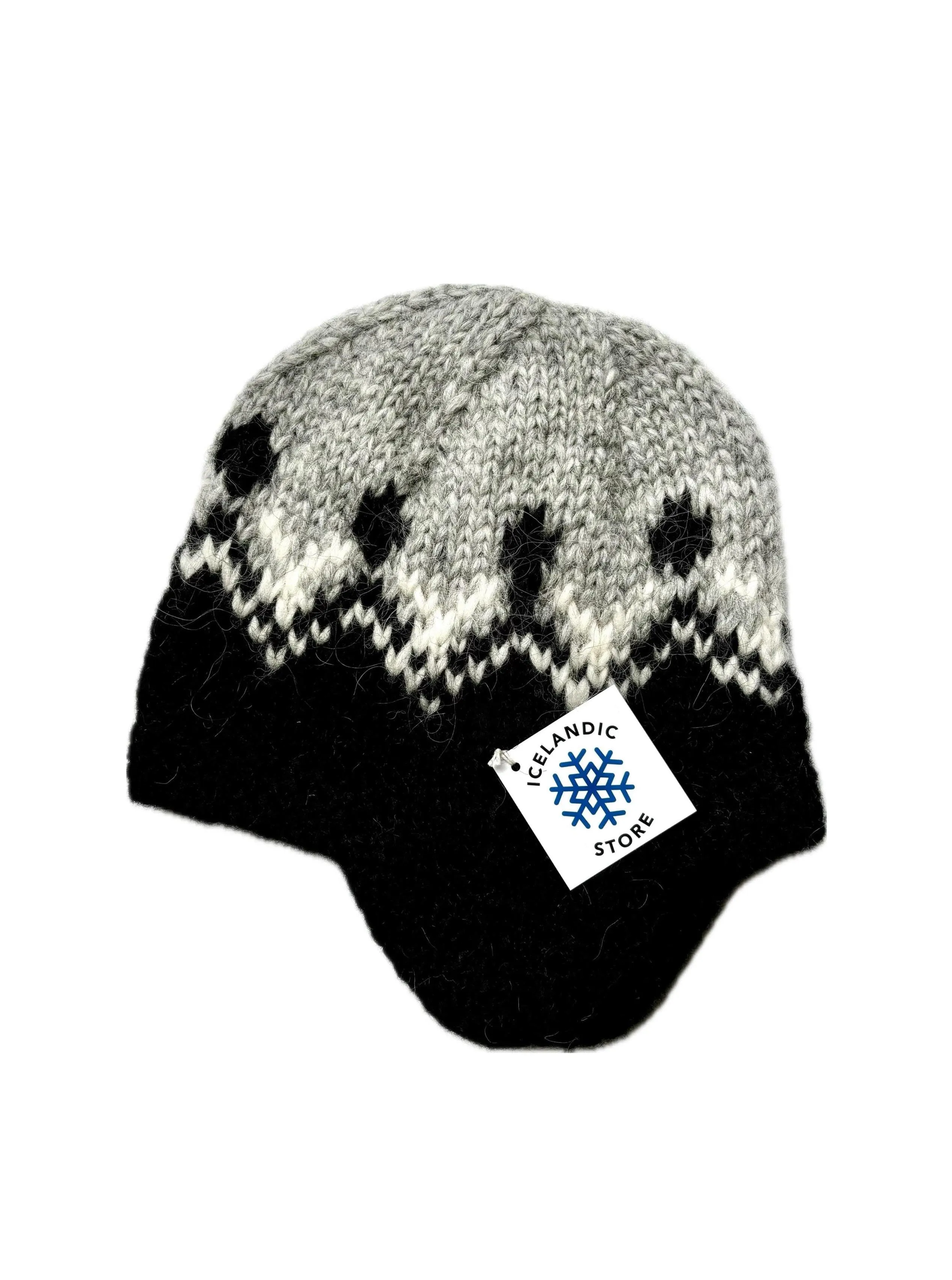Handknit Wool Hat with ear flaps - Brown & White