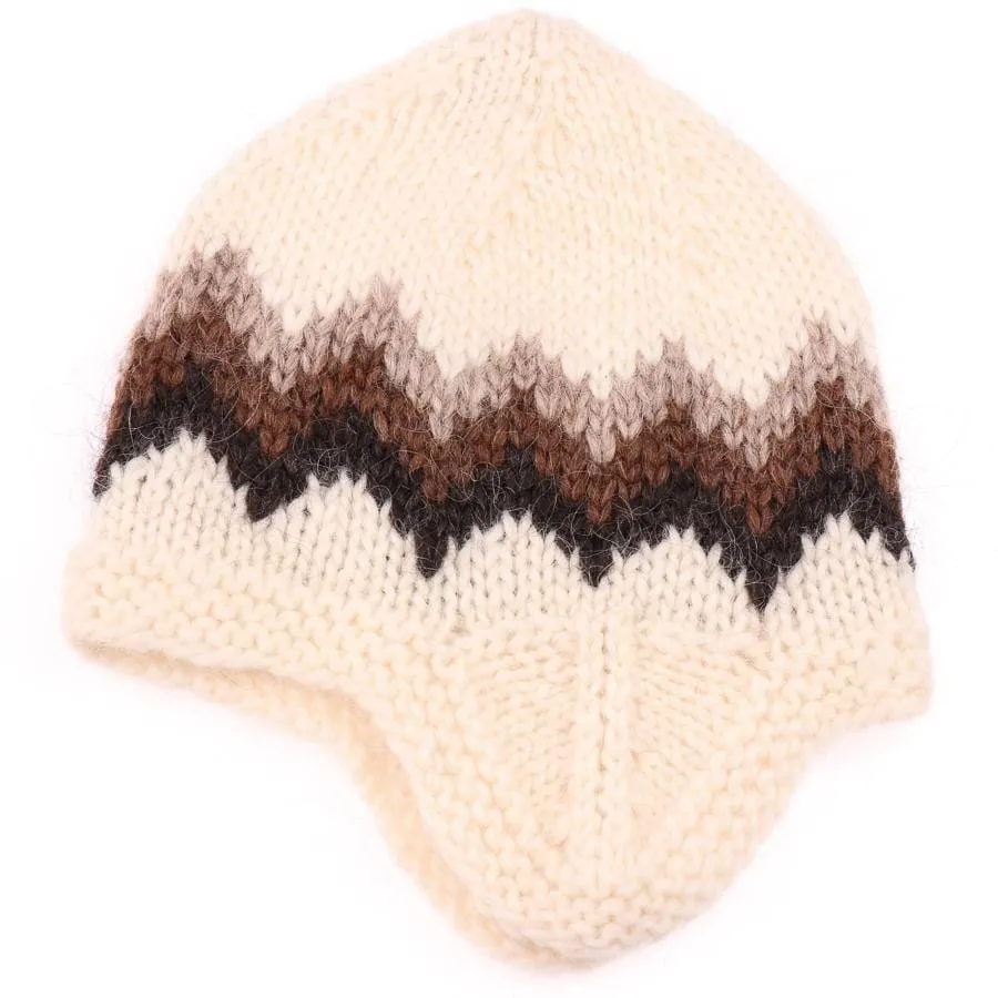 Handknit Wool Hat with ear flaps - Brown & White