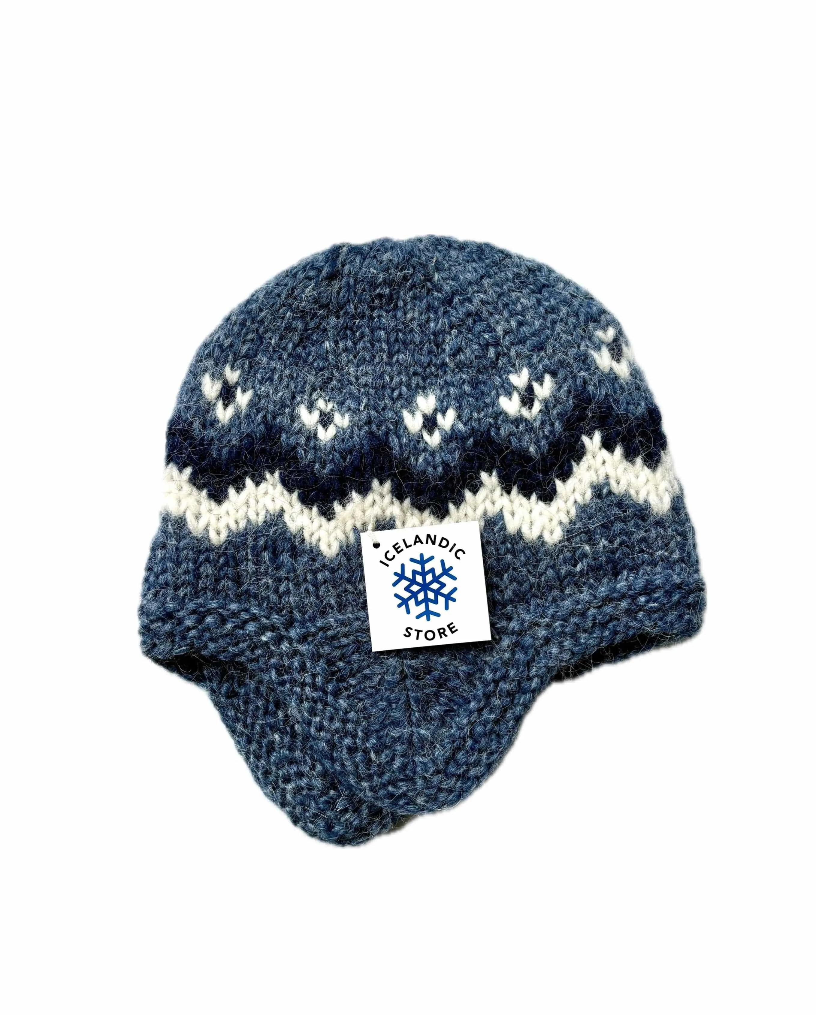 Handknit Wool Hat with ear flaps - Brown & White