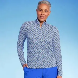 Lands' End Women's UPF 50 Geo Print Long Sleeve Quarter Zip Rash Guard - Blue M
