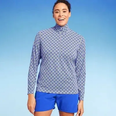 Lands' End Women's UPF 50 Geo Print Long Sleeve Quarter Zip Rash Guard - Blue M