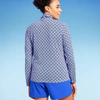 Lands' End Women's UPF 50 Geo Print Long Sleeve Quarter Zip Rash Guard - Blue M