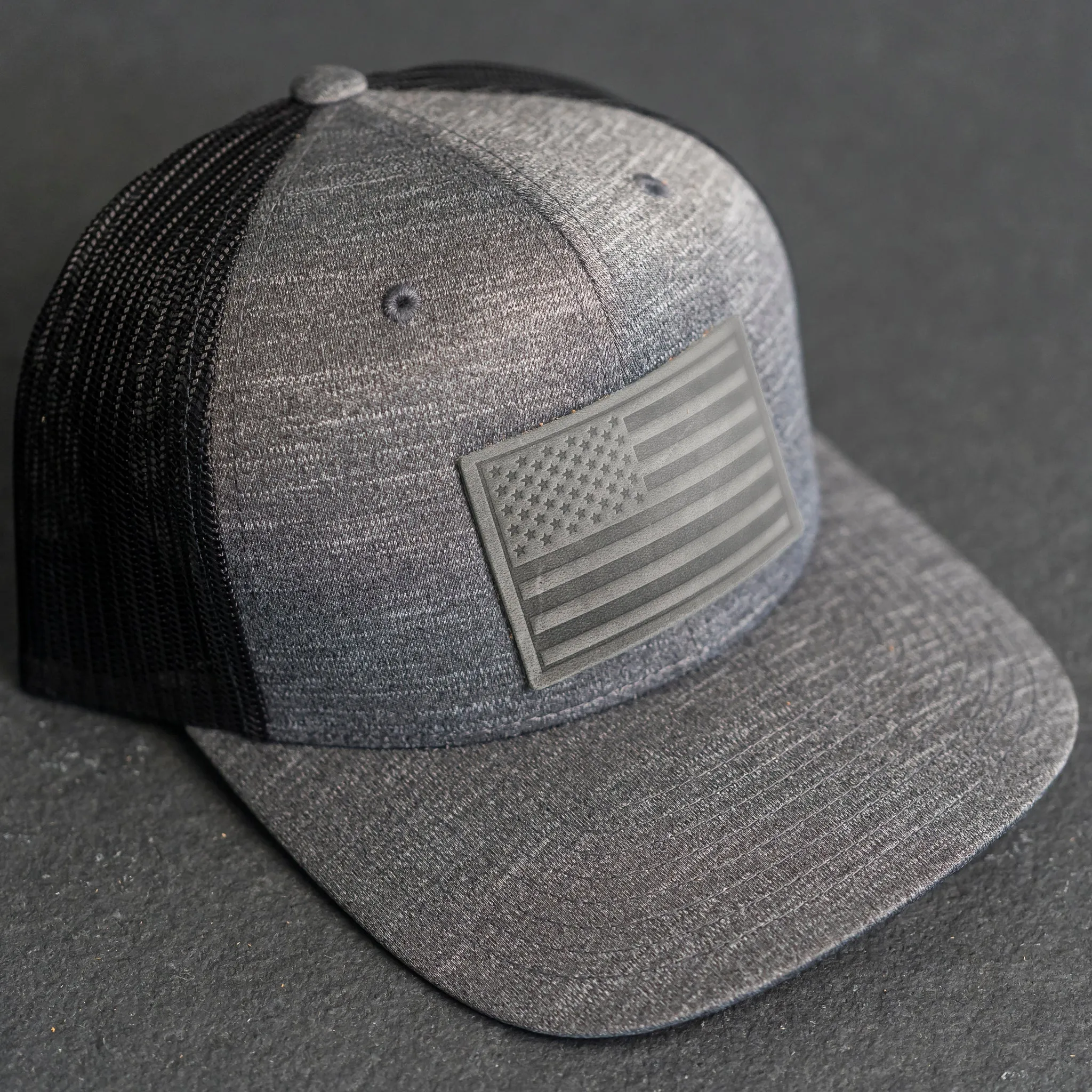 Leather Patch Performance Style Trucker Hat - American Flag Stamp