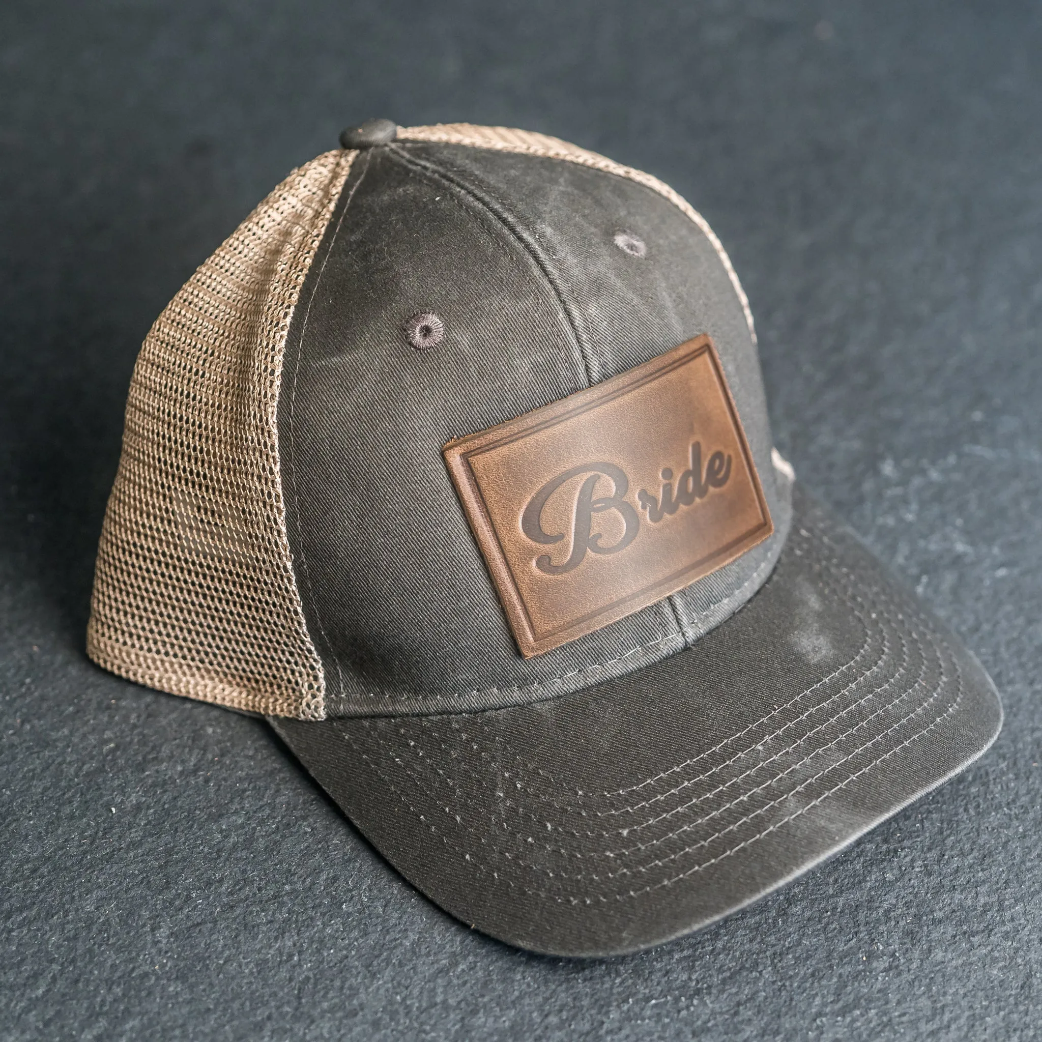 Leather Patch Ponytail Style Hat - Bride Stamp (cursive)