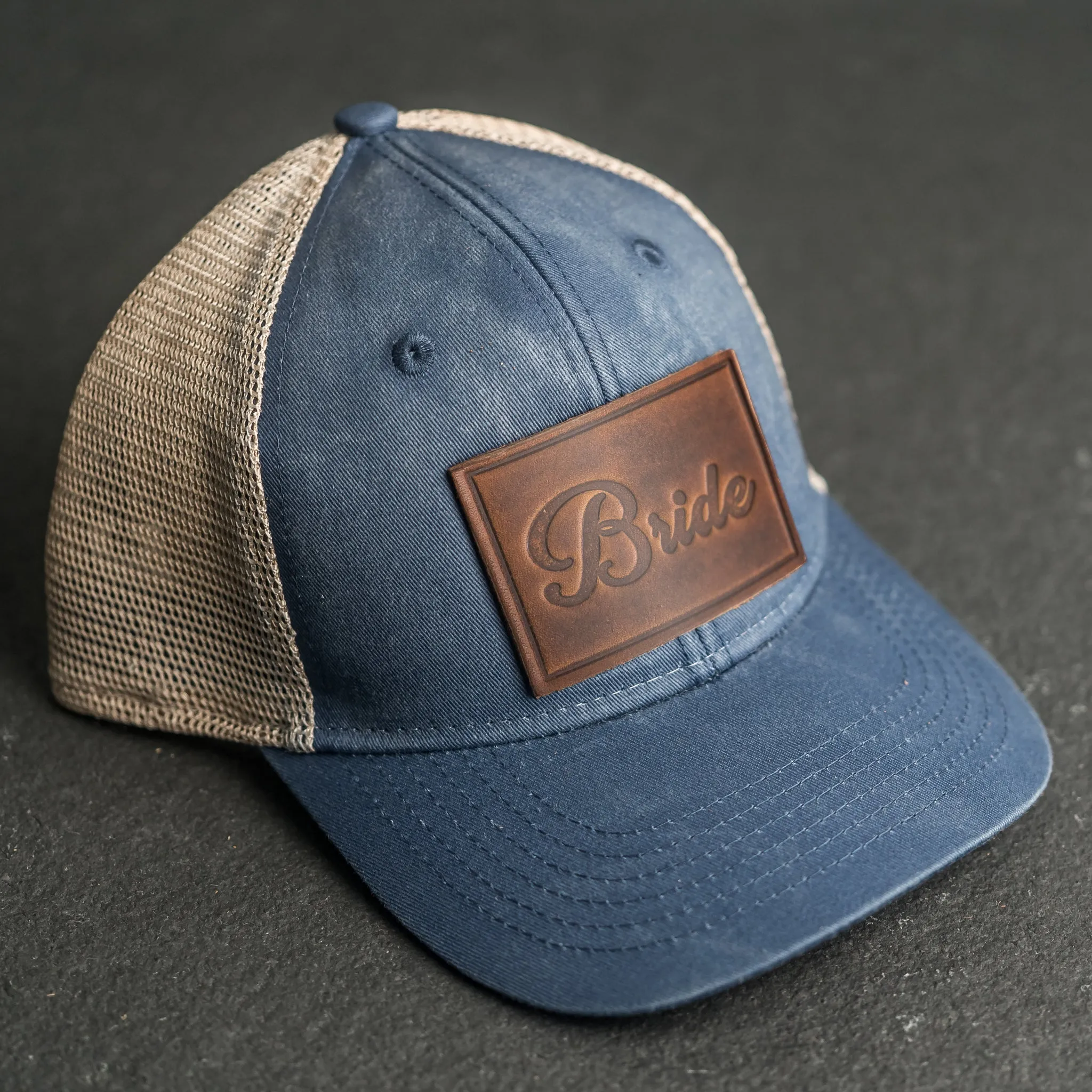 Leather Patch Ponytail Style Hat - Bride Stamp (cursive)