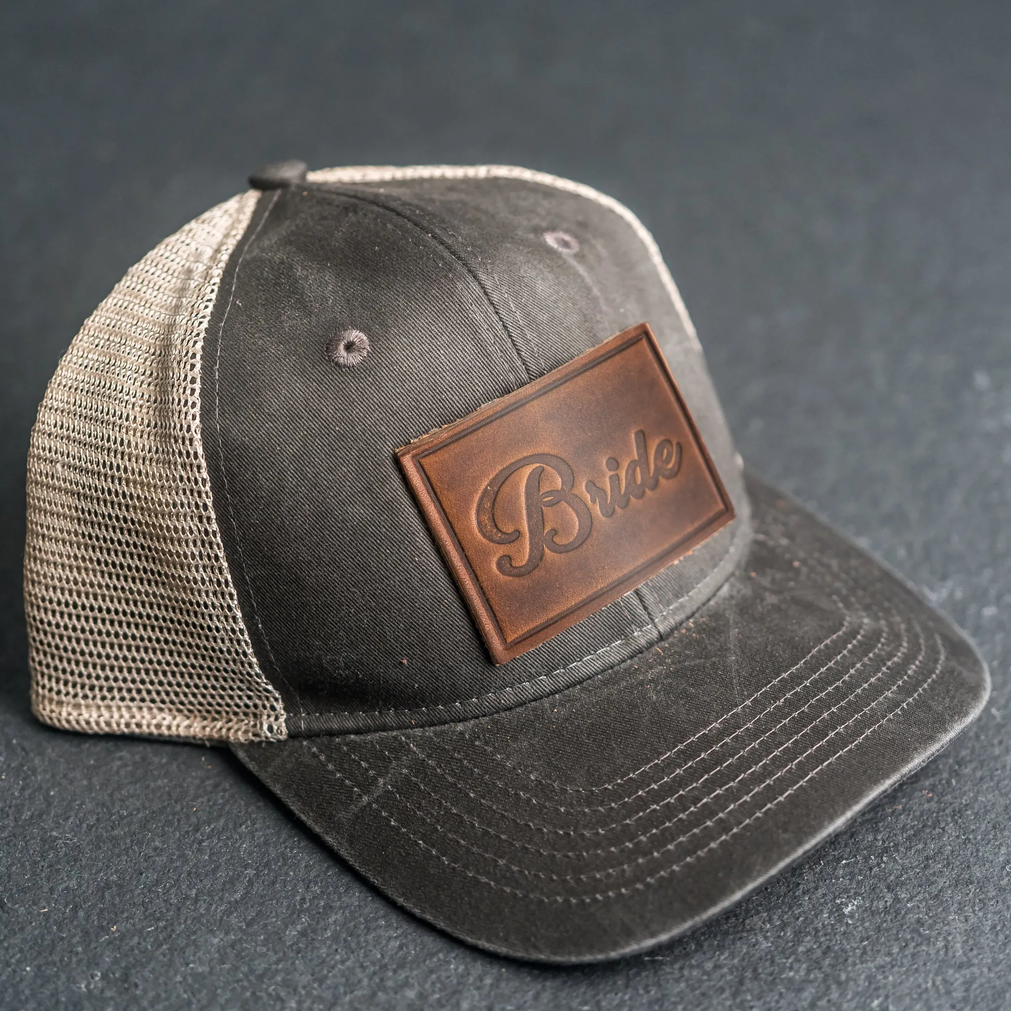 Leather Patch Ponytail Style Hat - Bride Stamp (cursive)
