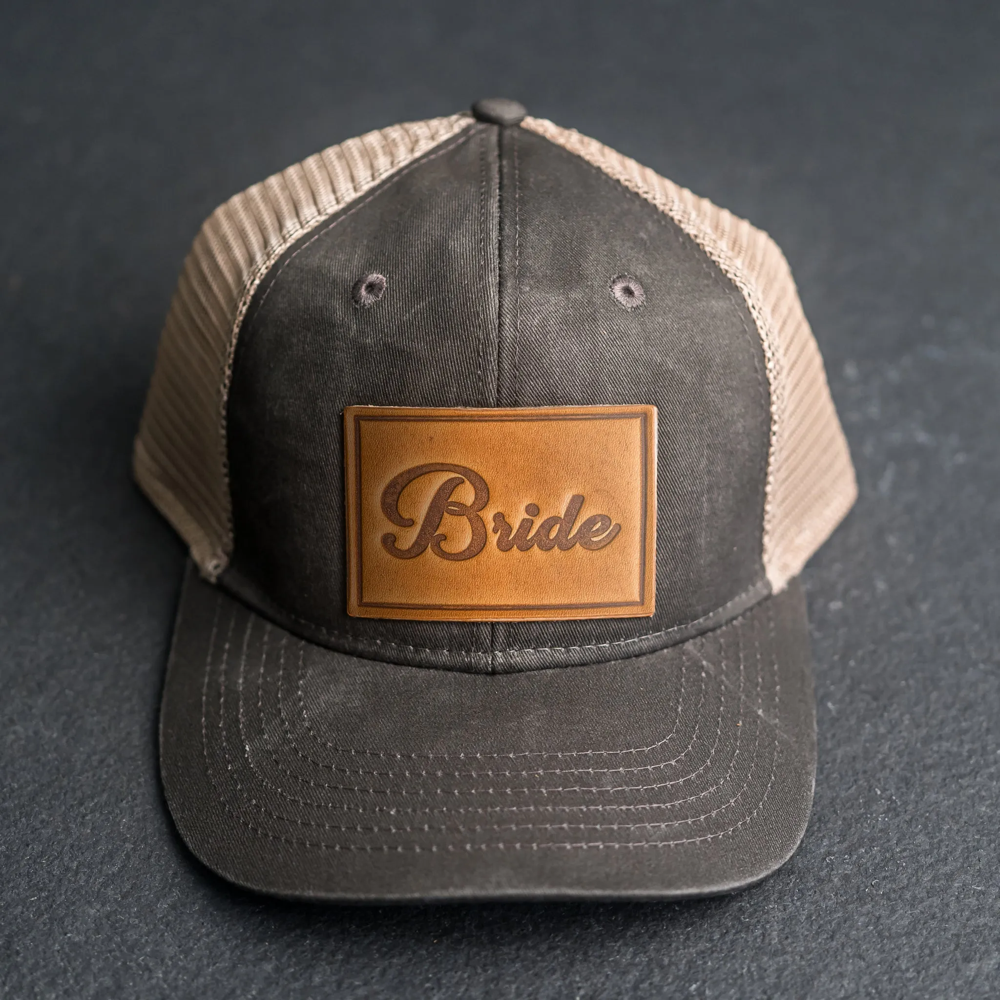 Leather Patch Ponytail Style Hat - Bride Stamp (cursive)