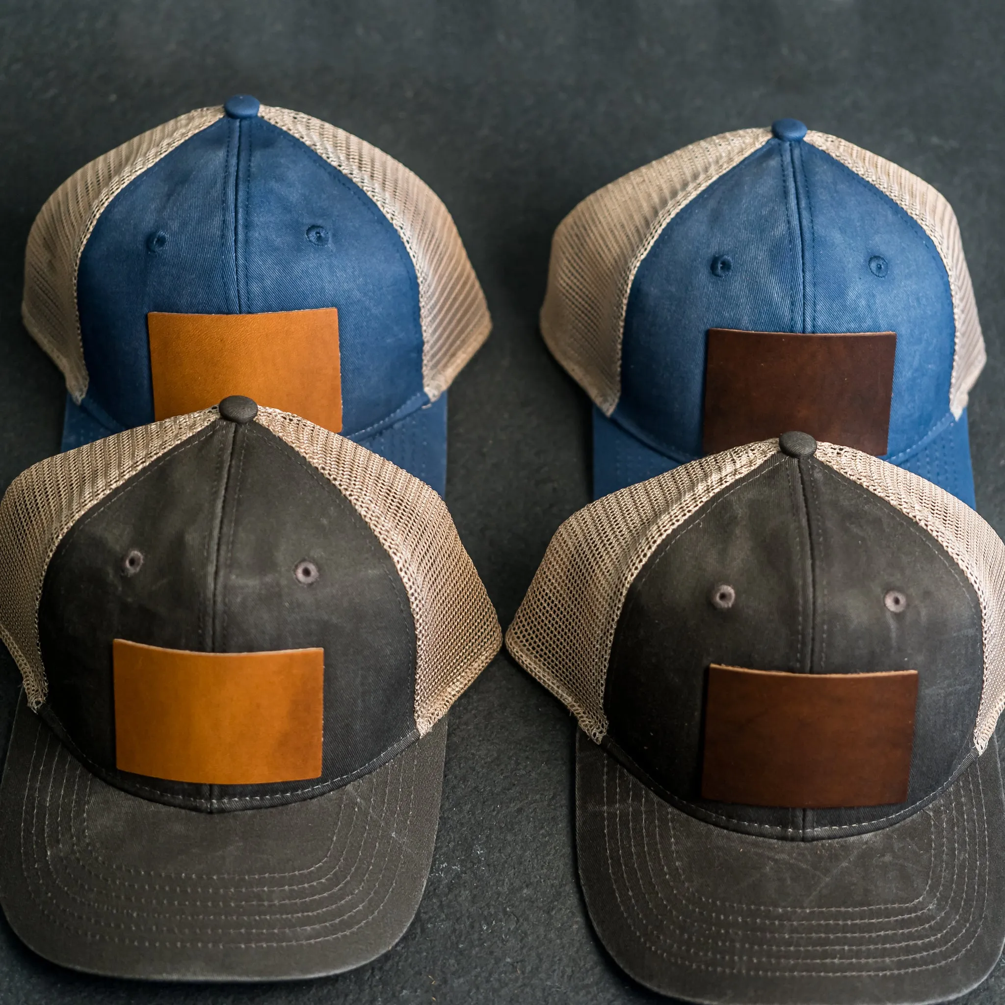 Leather Patch Ponytail Style Hat - Mountain Range Stamp