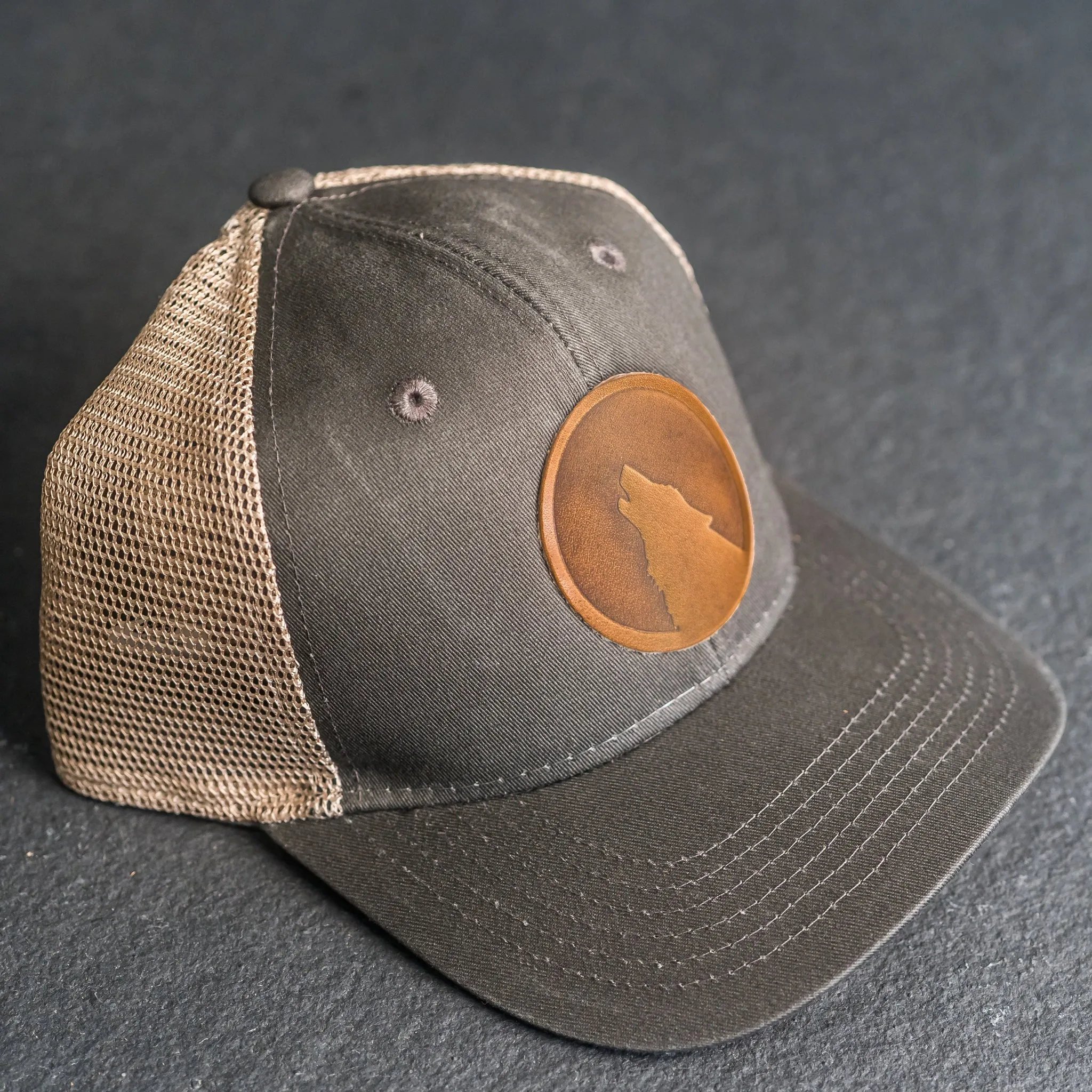 Leather Patch Ponytail Style Hat - Wolf Stamp