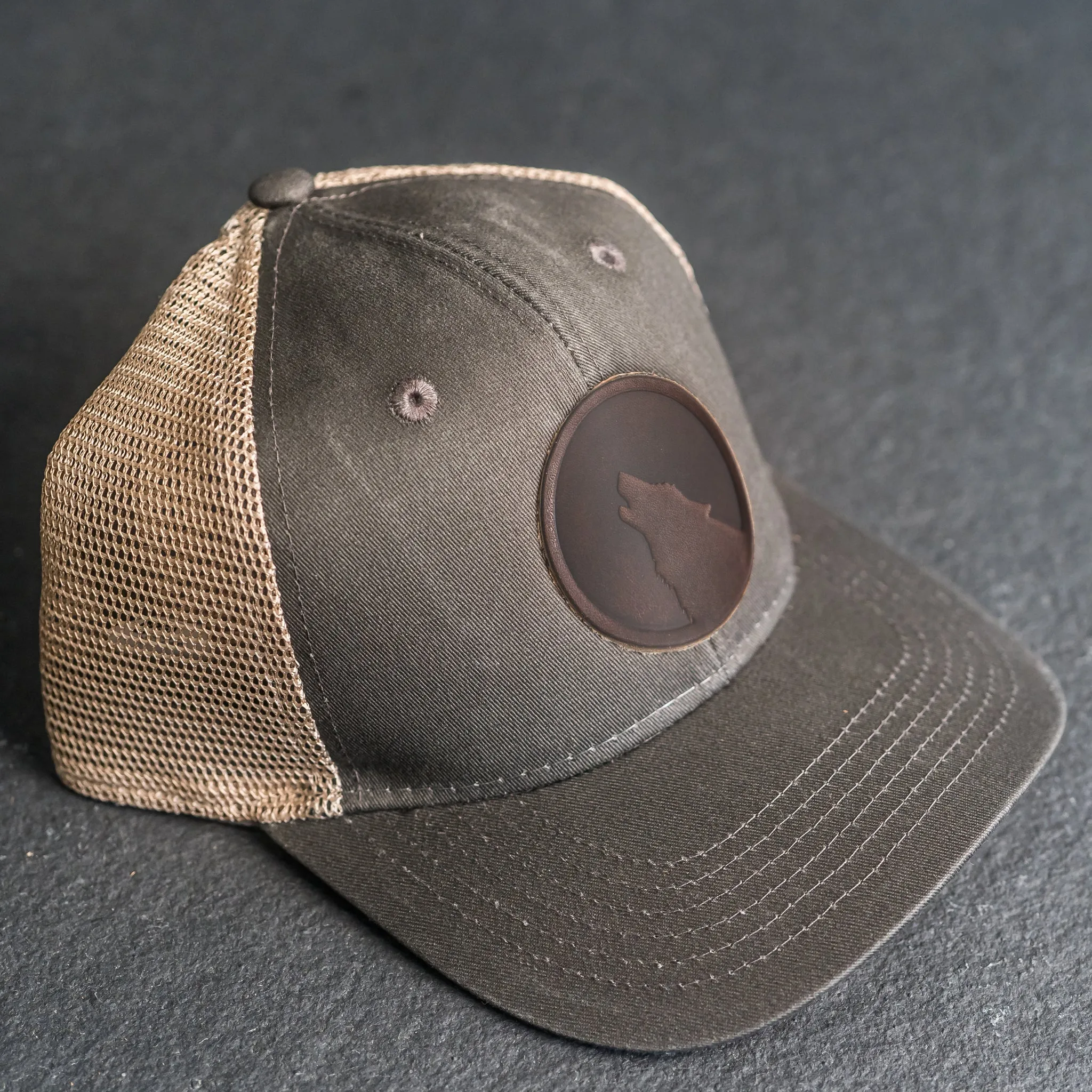 Leather Patch Ponytail Style Hat - Wolf Stamp