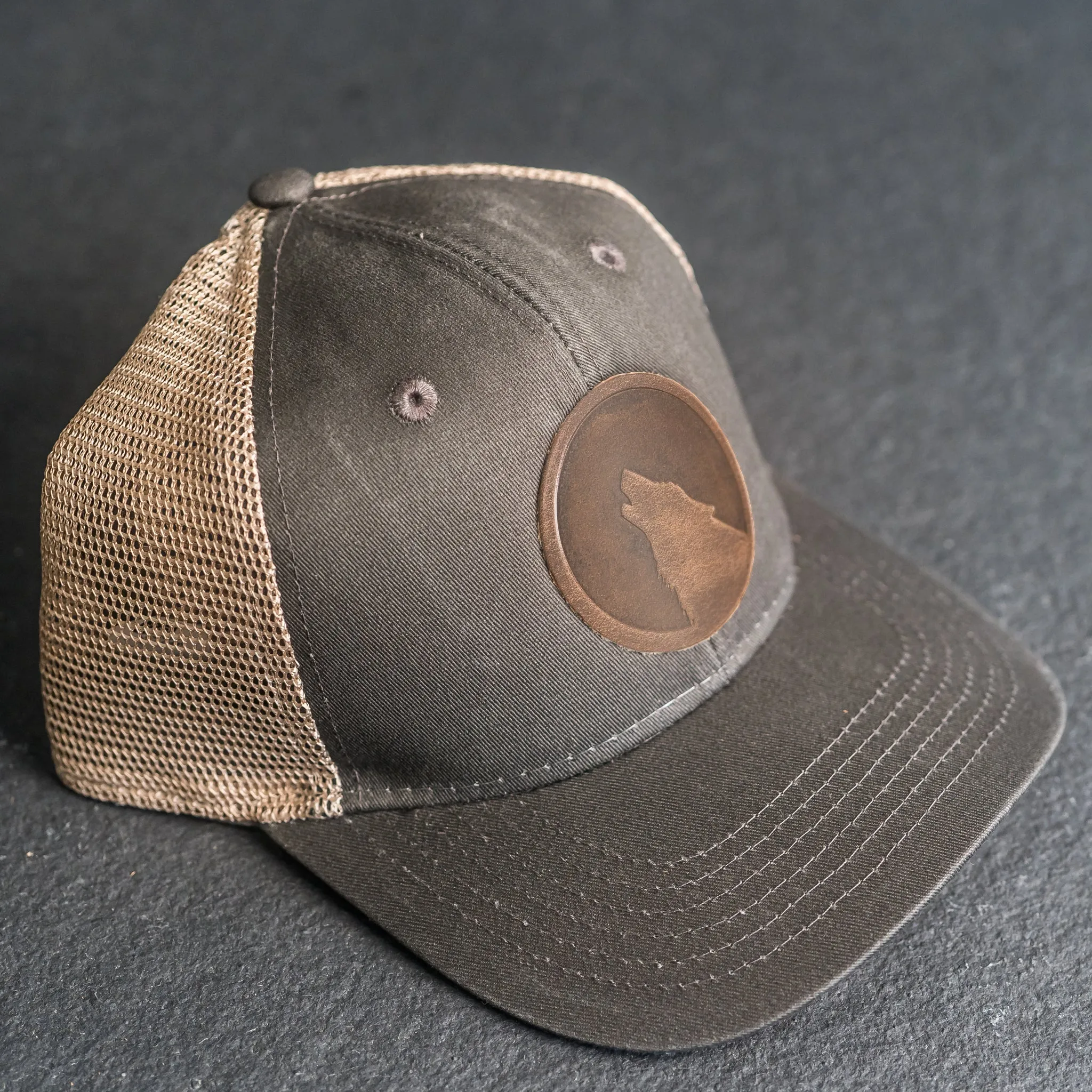 Leather Patch Ponytail Style Hat - Wolf Stamp
