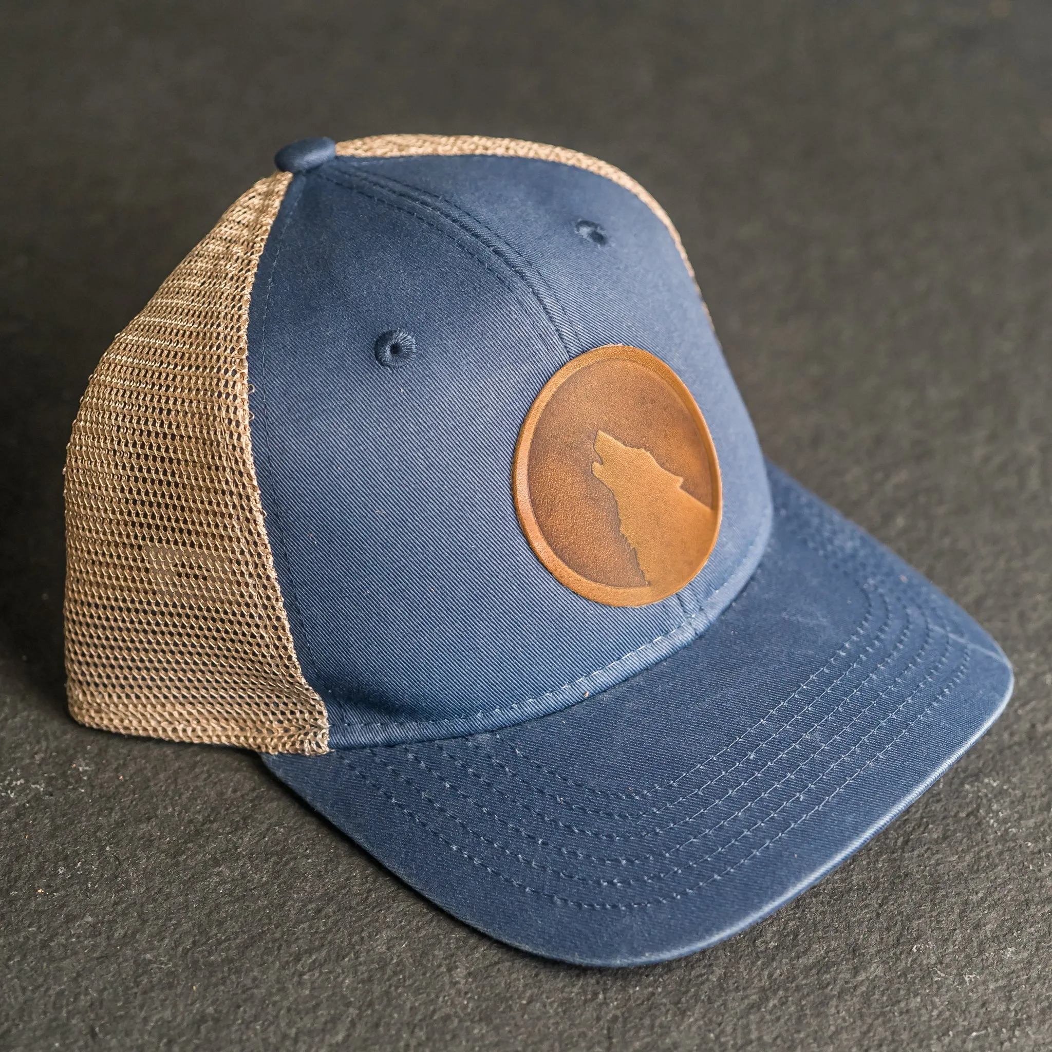 Leather Patch Ponytail Style Hat - Wolf Stamp
