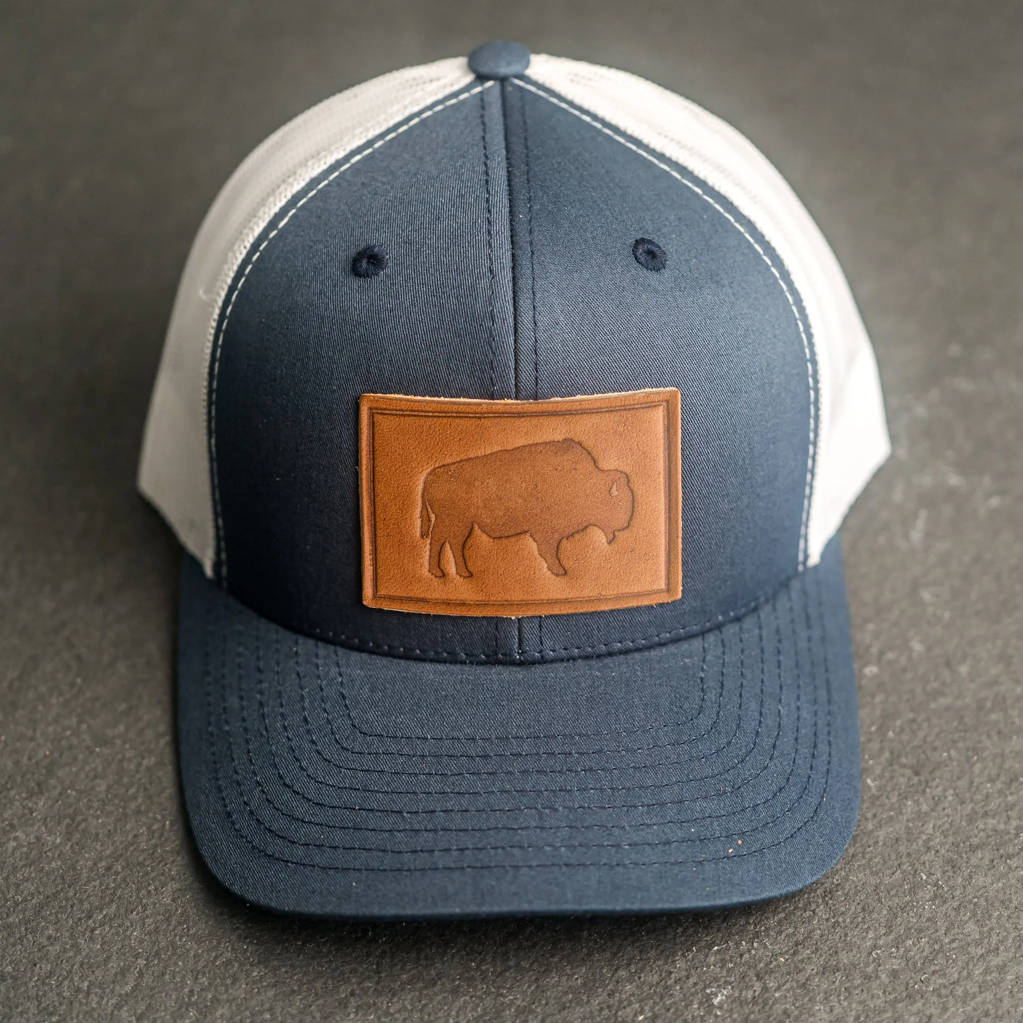 Leather Patch Trucker Style Hat - Bison Stamp