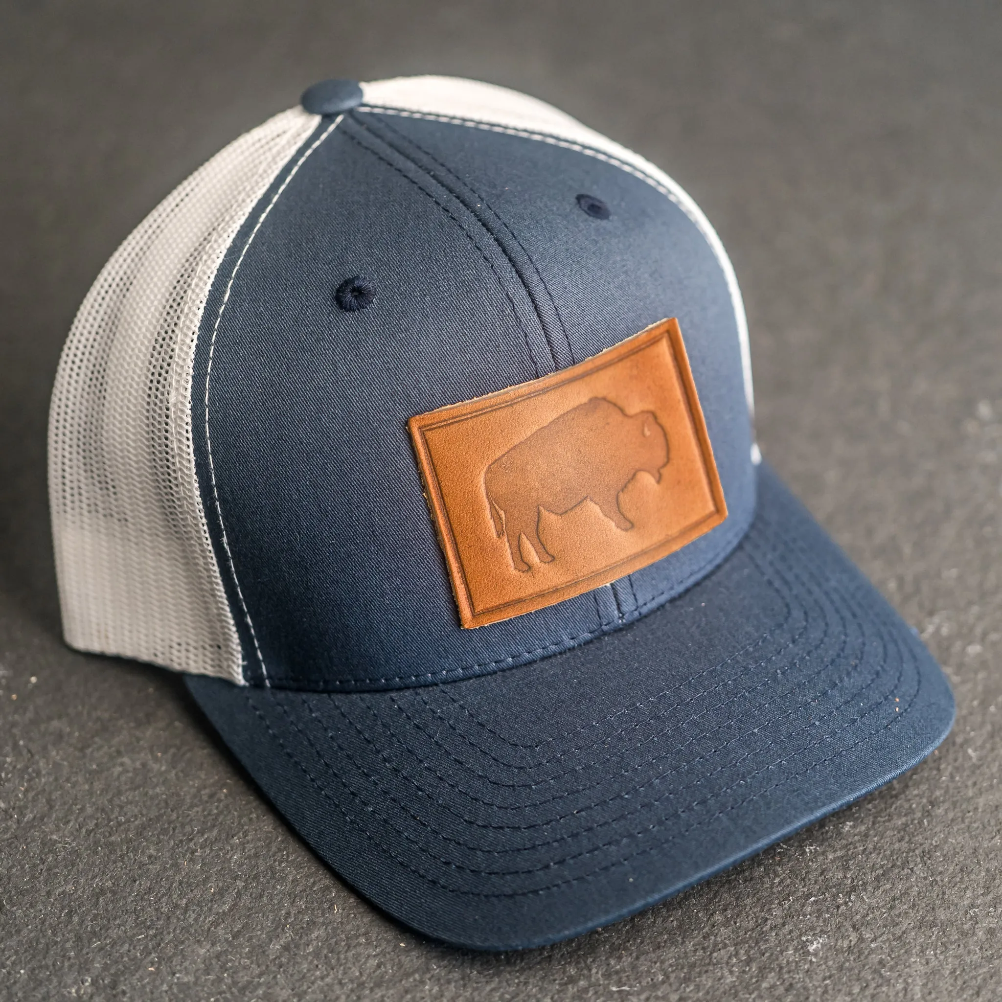 Leather Patch Trucker Style Hat - Bison Stamp